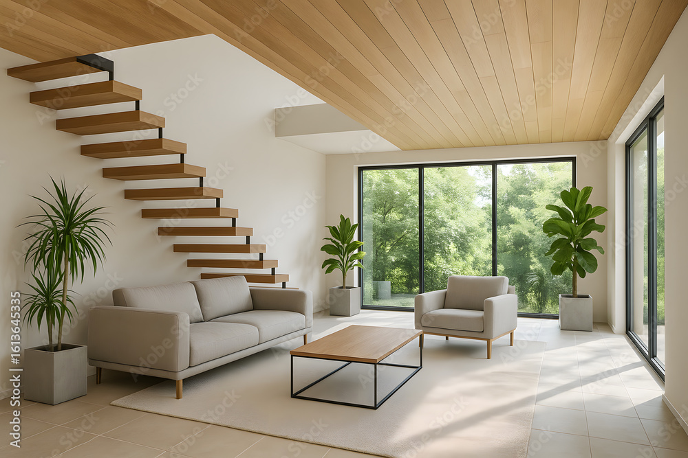 Fototapeta premium Living room interior design with wood stairs and ceiling plants sofa