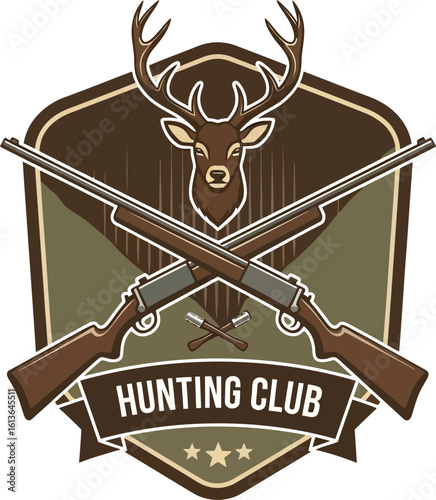Hunting Club Emblem with Crossed Rifles Deer Head and Three Stars.