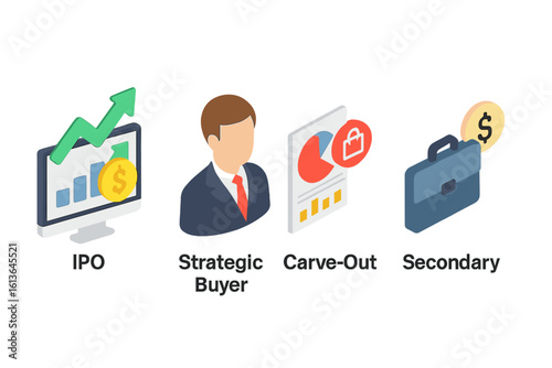 Exit strategy isometric icons set. Business concepts for investment and finance. IPO model, strategic buyer, carve-out chart, and secondary buyout. Vector illustrations for M&A.