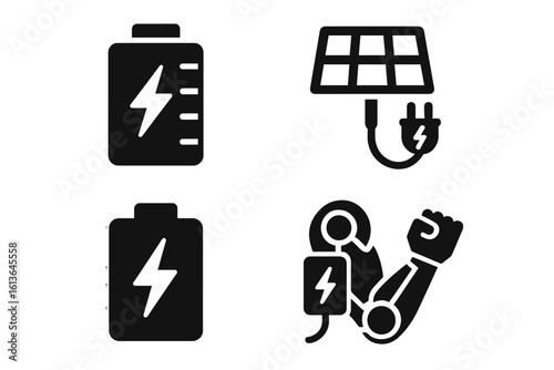 Exoskeleton power source icons set. Bionic arm, battery pack, solar panel charger glyphs. Robotics, energy, and charging vector symbols for technology and innovation.