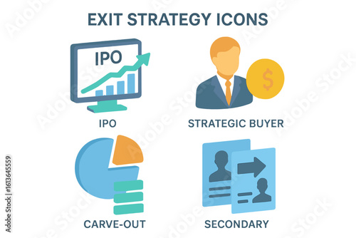 Exit strategy business finance icon set. Isometric flat vector illustration of IPO, strategic buyer, acquisition, carve-out, and secondary transaction for investment.