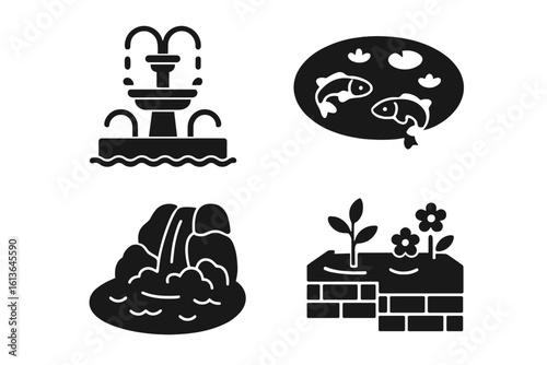 Garden and landscaping solid glyph icon set. Outdoor water features vector elements. Includes classic fountain, koi fish pond, rock waterfall, and brick flowerbed symbols.