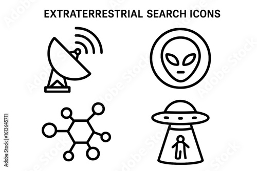 Extraterrestrial search icon set. Alien, UFO, and SETI concept symbols. Vector line art of satellite dish, alien head, space molecule, and flying saucer abduction.