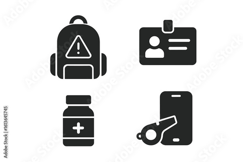 Evacuation kit solid glyph icons set. Emergency preparedness go bag items. Survival essentials for disaster. Backpack, ID card, medicine, whistle, mobile phone vector.