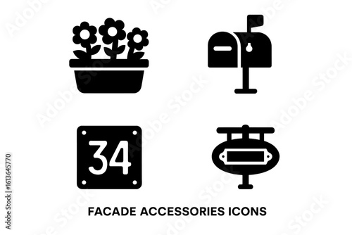 Home facade accessories icon set. Solid glyph vector collection of outdoor elements for house exteriors. Flower box, mailbox, house number sign, and a hanging nameplate.
