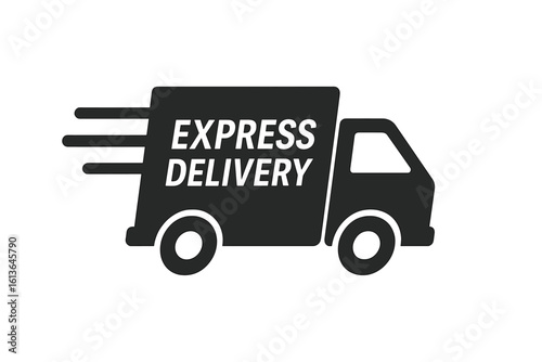 Express delivery truck icon. Fast shipping service symbol. Logistics and transportation concept. Lorry moving quickly. Freight van for cargo and packages. Vector silhouette.