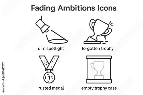 Fading ambitions and lost glory icon set. Burnout, demotivation, and failure concept. Dim spotlight, forgotten trophy, rusted medal, empty display case line icons.