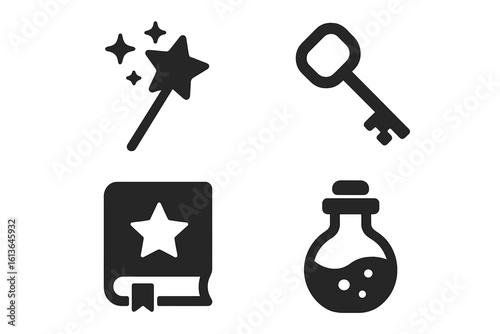 Magic and fantasy icon set. Solid glyph collection with magic wand, spellbook, mystery key, and potion bottle. Fairy tale elements for adventure, RPG games or wizardry.