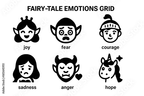 Fairy tale emotions vector icon set. Fantasy characters faces showing joy, fear, courage, sadness, anger, hope. Princess, goblin, knight, devil, unicorn solid glyphs.