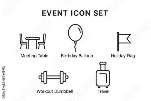 Event categories icon set. Vector line icons for meeting, birthday party, holiday celebration, fitness workout, and travel vacation. Business, balloon, flag, dumbbell, luggage.