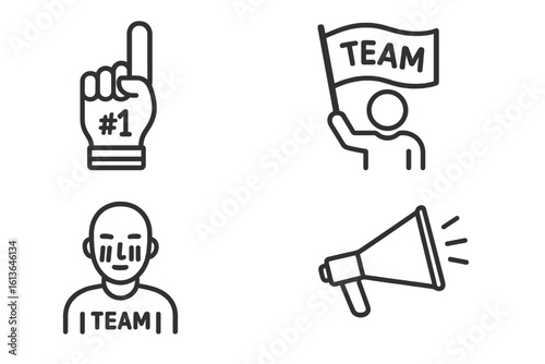 Fan celebration outline icon set with foam finger, team flag, face paint, and cheering megaphone. Vector graphic elements for sport supporters, championship games, and events.