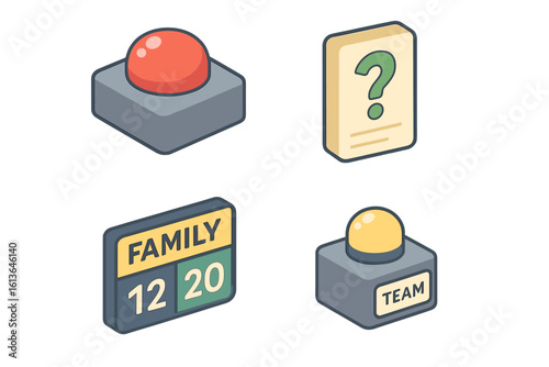 Family trivia game icon set for quiz night. Isometric flat design elements. Vector illustration of team buzzer, question card, scoreboard, and press button for a fun contest.