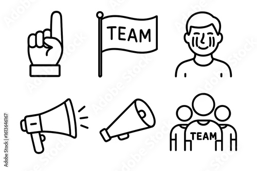 Fan celebration outline icon set. Sports team support symbols collection. Includes foam finger, team flag, face paint, cheering megaphone, and crowd. Vector line art illustration.