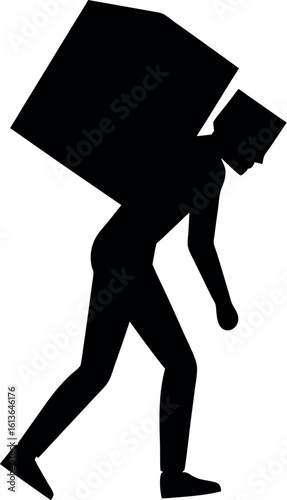 Vector art of a man struggles to carry a heavy box, a silhouette depicting the burden of labor and stress