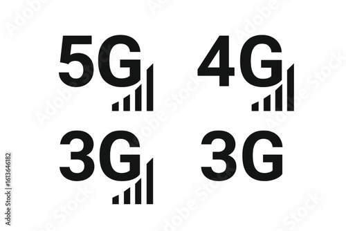 5G, 4G, 3G mobile network icon set. Internet connection signal strength symbol. Wireless communication technology generation. Vector graphic illustration for web and mobile app.