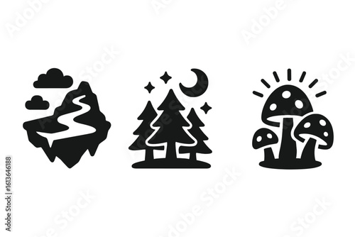 Fantasy world solid icon set. Black glyph collection for adventure games. Magic floating island, enchanted night forest, and glowing mushrooms vector illustration.