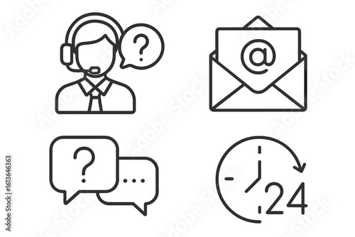 Customer service line icons. Contact us concept. Call center operator, 24-hour support, email message, chat help. Technical assistance, hotline, FAQ signs. Vector set.