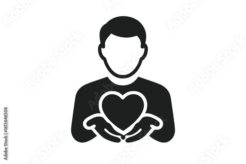 Man holds a heart in his hands. Charity and donation concept. Health care icon. Love, hope, and compassion symbol. Volunteer giving support. Social responsibility vector.