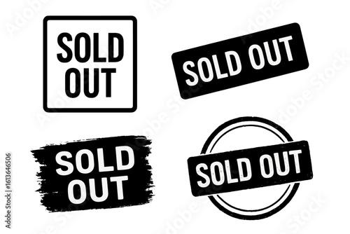 Sold out stamp vector collection. Grunge sold out label set. Retro rubber sticker banner. Limited edition sign. Sale promotion badge. Unavailable offer symbol for ecommerce.