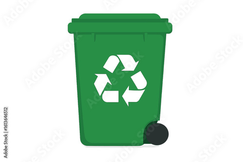 Green recycle bin vector illustration. Plastic trash container for waste sorting. Ecology and environment concept. Garbage can with recycling symbol isolated.