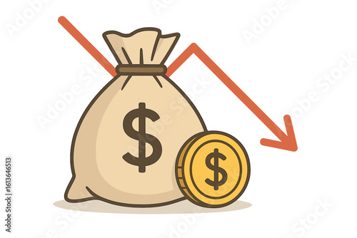 Money loss icon. Financial crisis, investment failure and budget cut concept. Sack of money with dollar coin and descending arrow. Business cost reduction and recession.