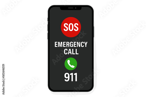 SOS notification on screen phone. Emergency call 911 on smartphone. A cry for help. Calling for help vector stock illustration. Safety alert and distress signal.