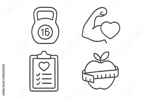 Fitness and health line icons set. Includes gym workout with kettlebell, strong arm, heart health, diet plan with apple and measuring tape. Vector for healthy lifestyle.