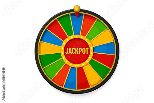 Colorful wheel of fortune for gambling and winning the jackpot. Casino game of luck concept. Spin to win prize. Online entertainment, money game, lottery and roulette vector.