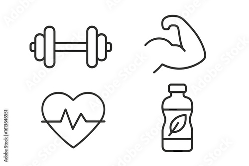 Sport and fitness vector icons set in thin line style. Healthy lifestyle concepts including gym workout, bodybuilding, cardio heart rate, and nutrition drink symbol.