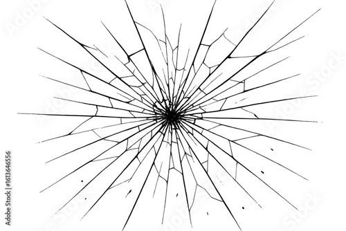Broken glass texture. Cracked window or screen effect from impact. Realistic shattered surface with cracks and bullet hole. Destruction abstract vector background isolated.