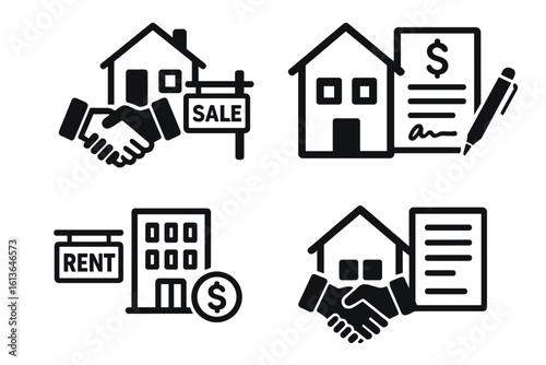 Real estate icons set. House sale, purchase, and rent. Property loan and mortgage agreement. Home investment and finance concept. Signing a contract. Handshake deal symbol.