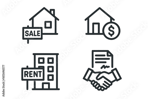Real estate icon set for property sale and rent. House loan mortgage, business contract agreement, and apartment investment. Vector line art illustration collection.