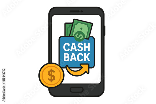 Cash back concept vector icon. Money refund label on smartphone screen. Online shopping reward service. Financial loyalty program for saving money and getting a bonus back.