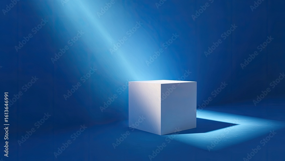Fototapeta premium White cube illuminated by spotlight on dark blue backdrop