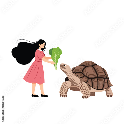 Girl feeding lettuce to tortoise green
