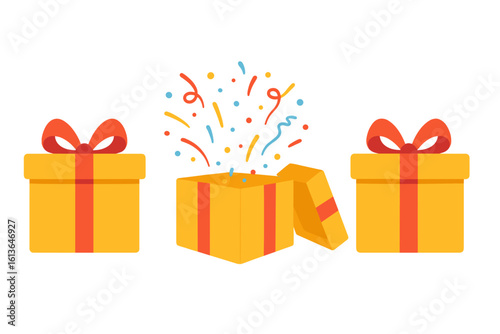 Yellow gift box icon set with red ribbon. Open surprise present with confetti explosion. Flat design vector for birthday celebration, prize giveaway, or special event.