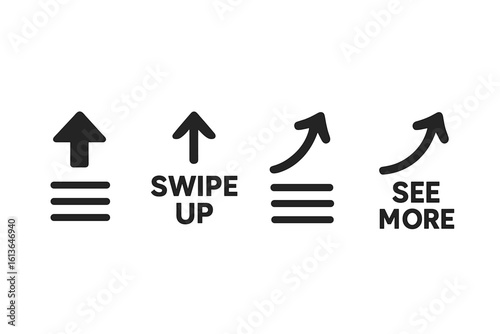 Swipe up icon set for social media stories. Call to action button with arrow up. See more, scroll up for advertising, marketing or blogging. UI UX design element for web.