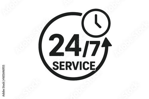 24/7 service icon concept. Open 24 hours a day, 7 days a week sign. Customer support and assistance symbol. Always available, nonstop help vector illustration.
