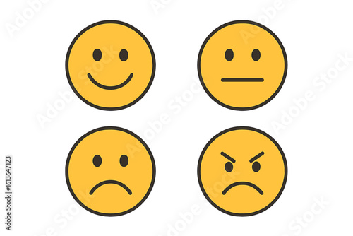 Feedback emoticons and smileys. Rating scale faces from happy to angry. Customer review vector icons. Set of mood emoji for satisfaction survey. Flat isolated signs.