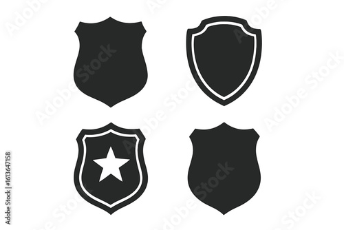 Set of 4 security shield icons for safety and protection concepts. Black protect shields collection. Police badge shape with star. Vector logo element for web or app.