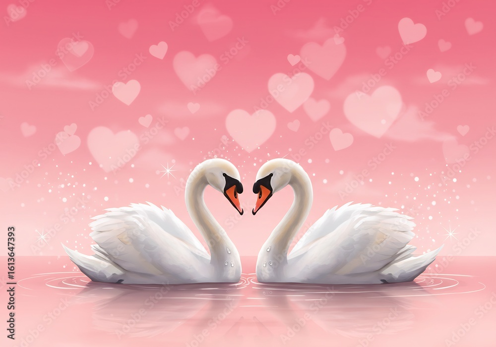 Fototapeta premium ピンクの背景に二羽の白鳥が優しく寄り添うロマンチックなイラスト