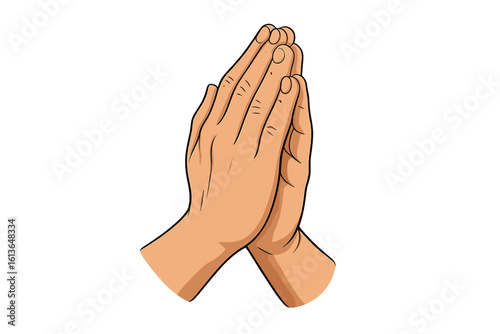 Human hands folded in prayer. Clasped hands in a praying gesture. Concept of christianity, faith, trust, love, hope. Religious worship. Namaste mudra welcome gesture. Vector