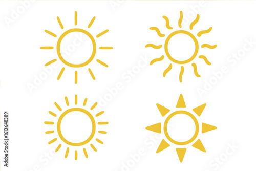 Sun icon vector set. Hand drawn doodle sunshine illustration. Summer heat symbol. Yellow sunlight silhouette. Simple sunbeam graphic element for logo or weather forecast.