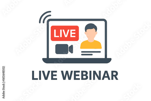 Live webinar concept for online education or business conference. Internet event with live video streaming and broadcasting. Virtual seminar, training, or workshop icon.