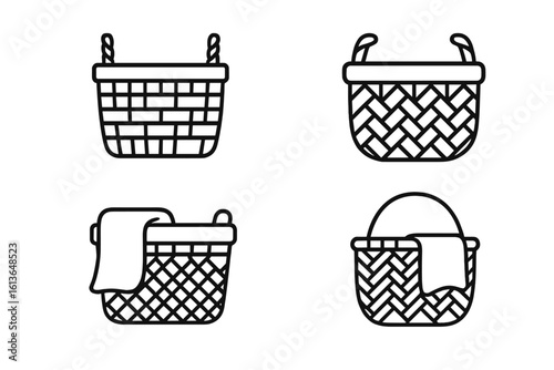 Wicker basket icon set. Outline laundry hamper and storage container symbols. Woven decorative baskets with rope handles for blankets, towels, or picnic items. Linear vector.