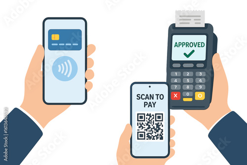 Mobile payment concept with NFC and QR code. Hand with smartphone using contactless pay and scanning QR for transaction. POS terminal confirms approved purchase with a receipt.
