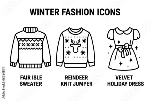Winter fashion icon set. Holiday clothes line art. Christmas ugly sweater with reindeer, Fair Isle jumper and velvet party dress. Festive apparel vector illustration.