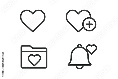 Wishlist icon set. Outline style favorites heart, add to wishlist button, favorite list folder, and notify alert bell. Simple linear vector for web, app, UI, UX design.