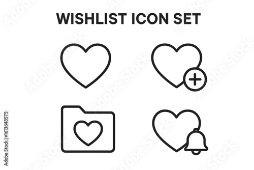 Wishlist icon set. Favorite heart line icons collection. Add to wishlist button, like, save to folder, and notification bell symbols for web, app, and e-commerce UI/UX.