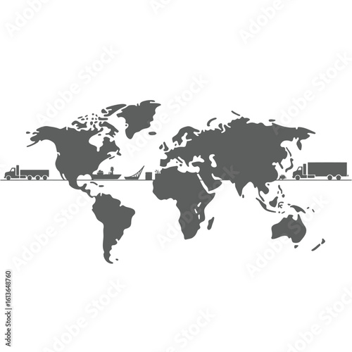 Flat grey vector illustration of a world map with a transport route showing trucks and a cargo ship for global logistics and freight.